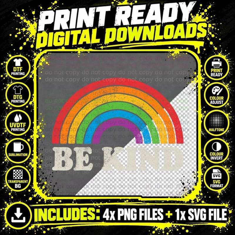 LGBTQ Be Kind Gay Pride LGBT Ally Rainbow Flag Retro Png SVG Digital Bundle
