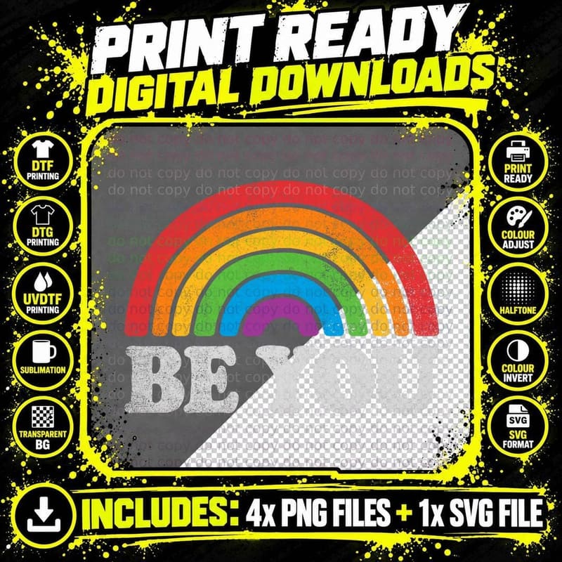 LGBTQ Be You Gay Pride LGBT Ally Rainbow Flag Retro Png SVG Digital Bundle