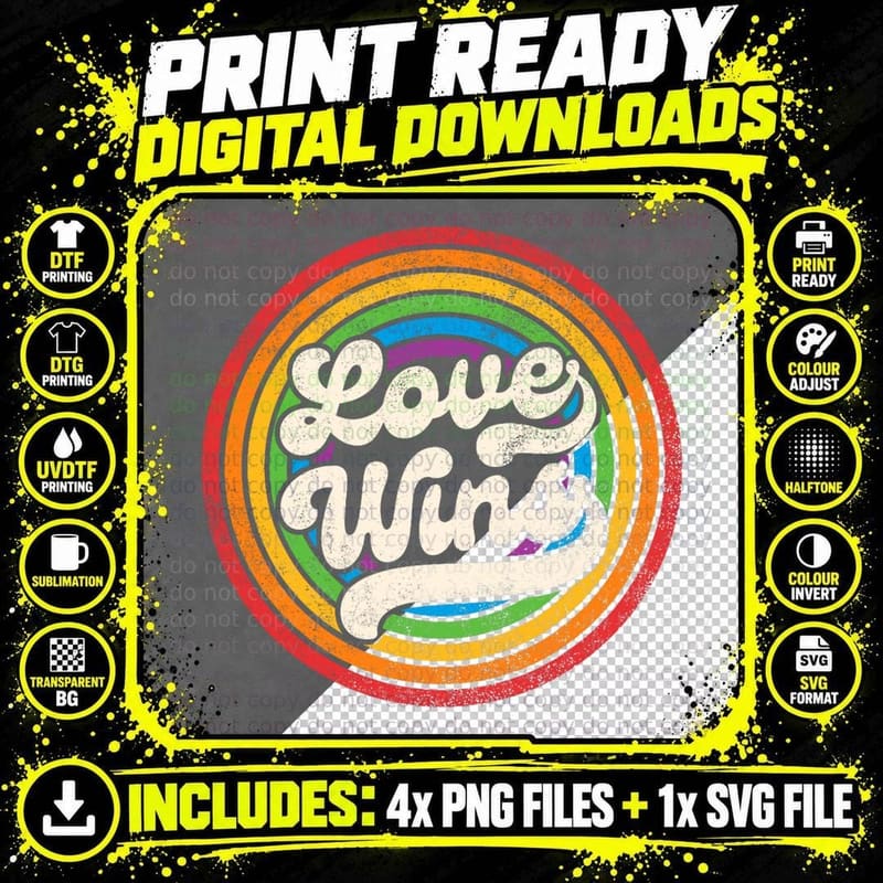 LGBTQ Love Wins Gay Pride LGBT Ally Rainbow Flag Vintage Png SVG Digital Bundle