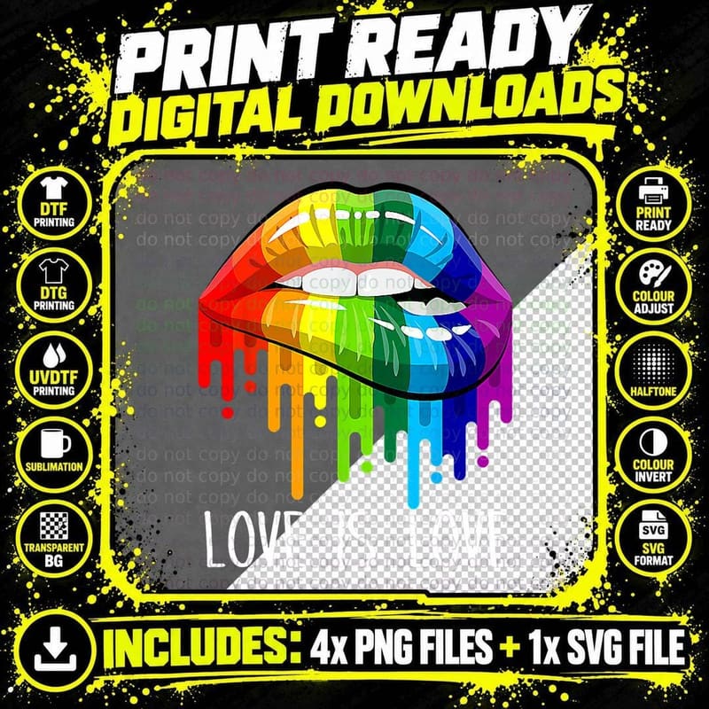 Love Is Love Rainbow Sexy Lips Cool LGBT Gay Lesbian Png SVG Digital Bundle