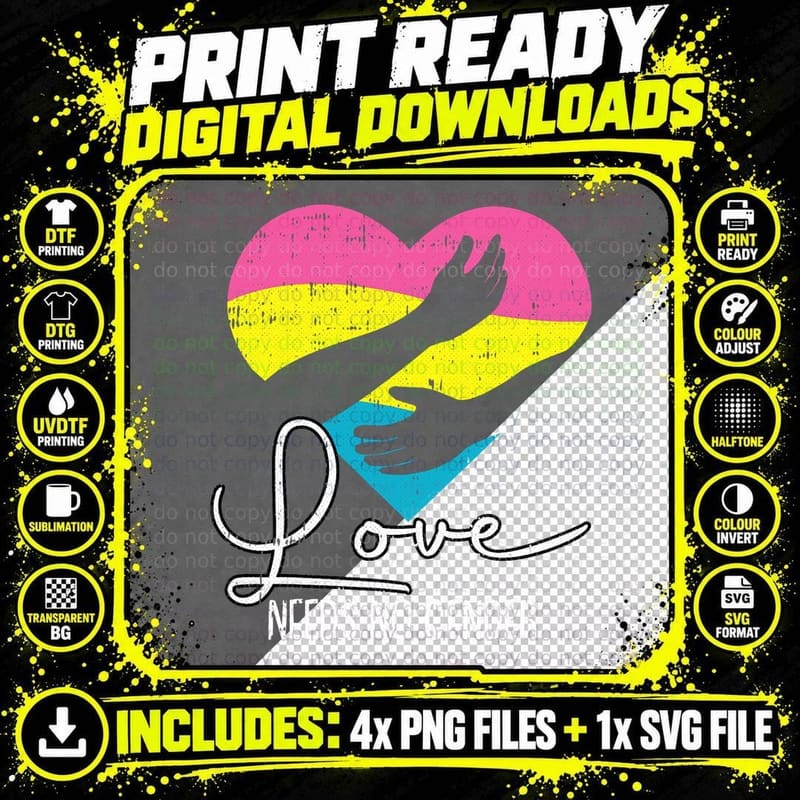 Love Needs No Gender Pansexual Pride Heart LGBT-Q Ally Png SVG Digital Bundle
