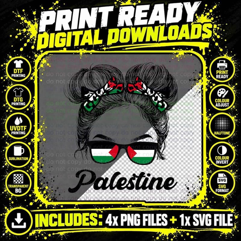 Messy Hair Sunglasses Palestinian Girl Palestine Pride Png SVG Digital Bundle