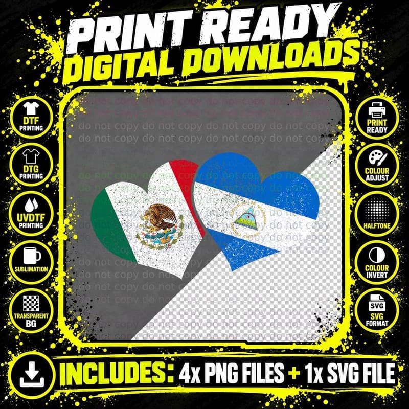 Mexico Nicaragua Hearts Mexican Nicaraguan Flag Pride Png SVG Digital Bundle