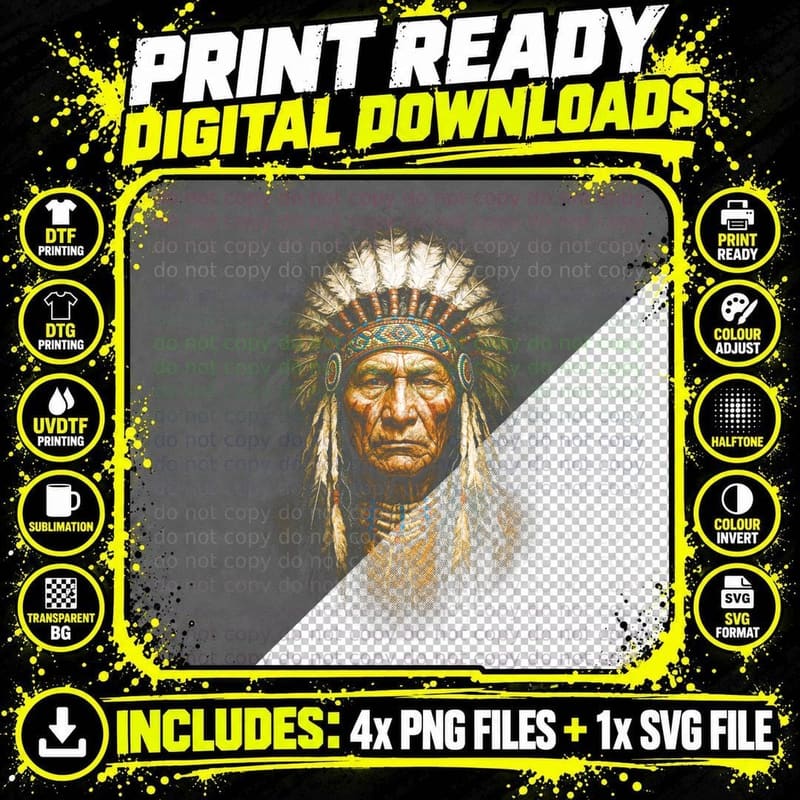 Noble Chief Portrait T-Shirt, Native American Headdress Png SVG Digital Bundle