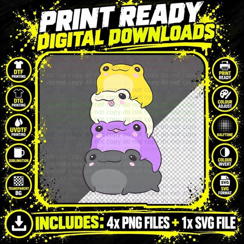 Nonbinary Flag Color Frogs Subtle Enby Pride Cute Png SVG Digital Bundle