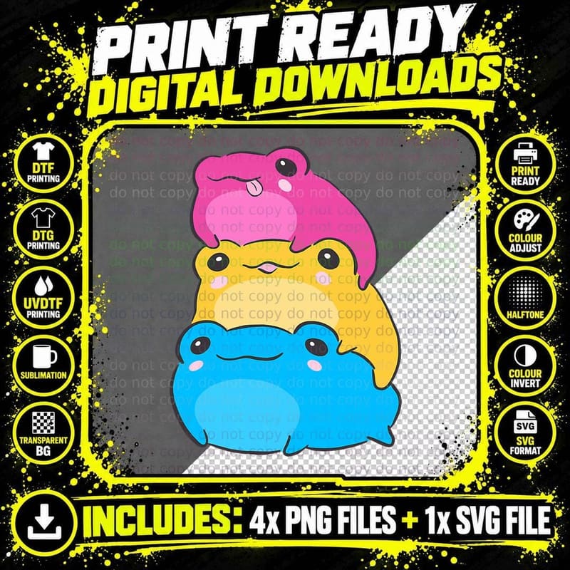 Pansexual Flag Color Frogs Subtle Pan Pride LGBTQ Png SVG Digital Bundle