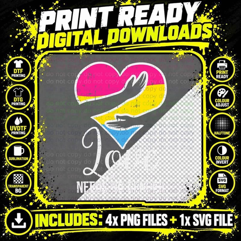 Pansexual Heart Hug Love Needs No Gender Pan Pride Flag Png SVG Digital Bundle