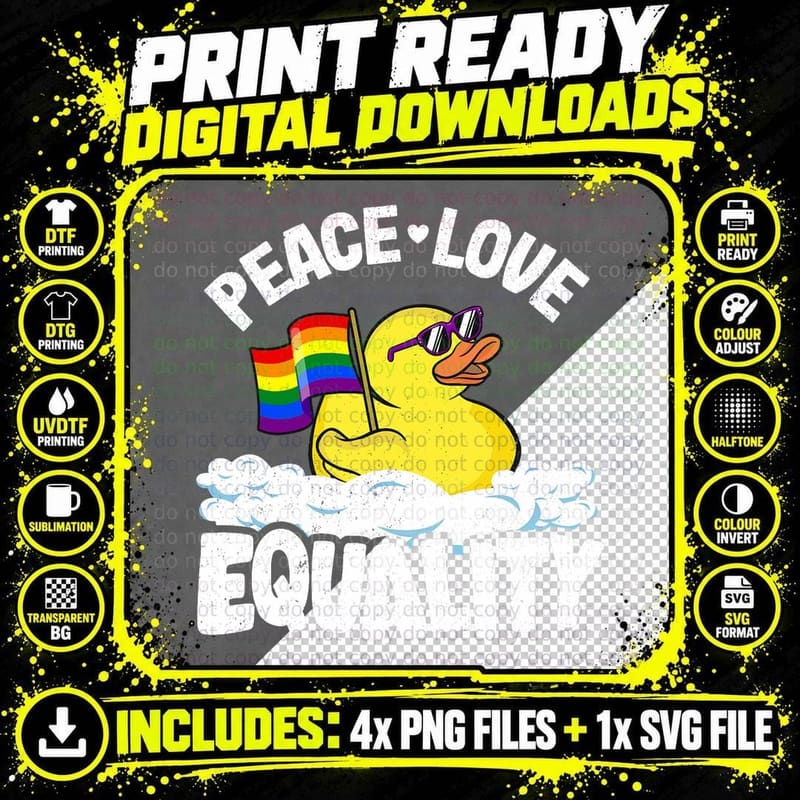 Peace Love & Equality Rubber Duck Gay Pride Rainbow LGBT Png SVG Digital Bundle