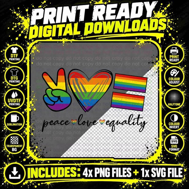 Peace Love Equality Rainbow Flag Gay Pride Proud LGBT Png SVG Digital Bundle