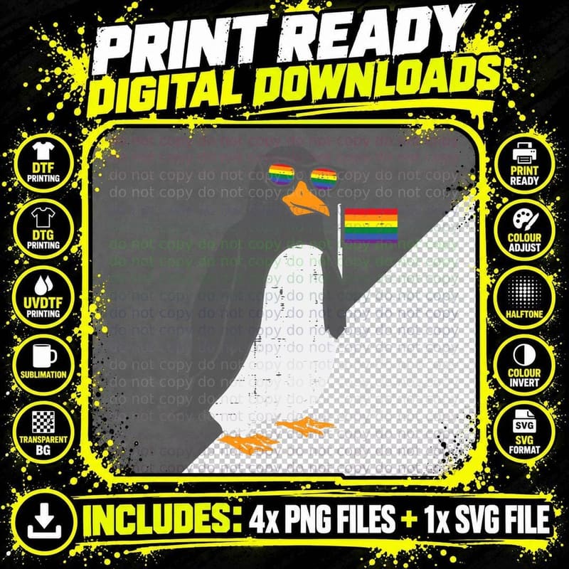 Penguin Animal LGBTQ Rainbow Flag Gay Pride Ally Men Png SVG Digital Bundle