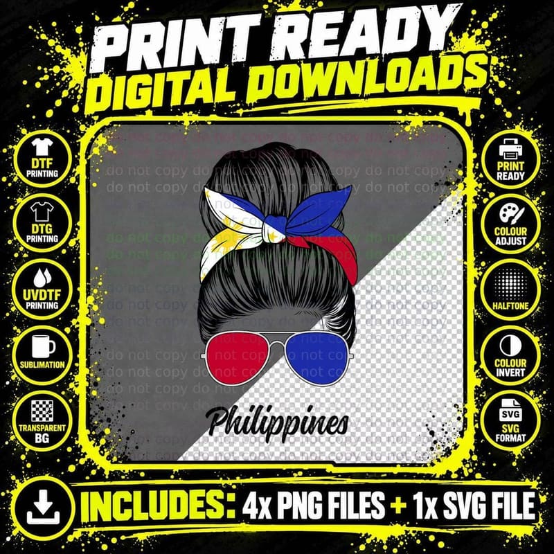 Philippines Messy Bun Cute Philipino Flag Pride Women Png SVG Digital Bundle