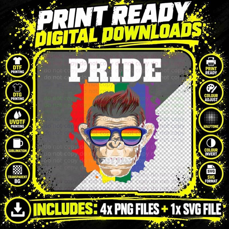 Pride Monkey Gay Rainbow Flag Gay LGBTQ LGBT Pride Month Png SVG Digital Bundle