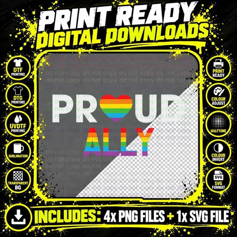 Proud Ally LGBT Heart Gay Pride Month, Gay Pride T-Shirt Png SVG Digital Bundle