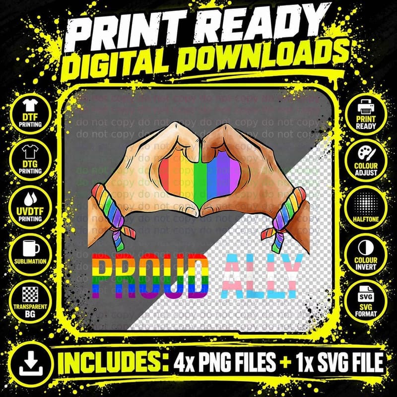Proud Ally Pride LGBT Transgender Flag Heart Gay Lesbian Png SVG Digital Bundle
