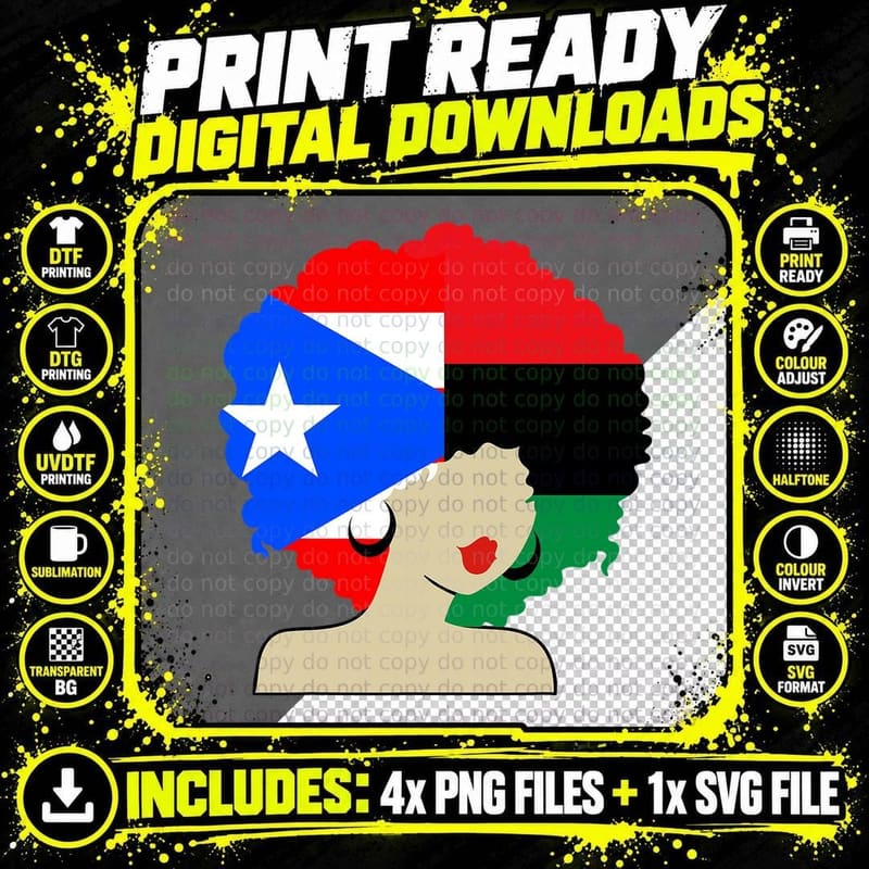 Puerto Rican African Black Woman Afro Hair Pride History Png SVG Digital Bundle