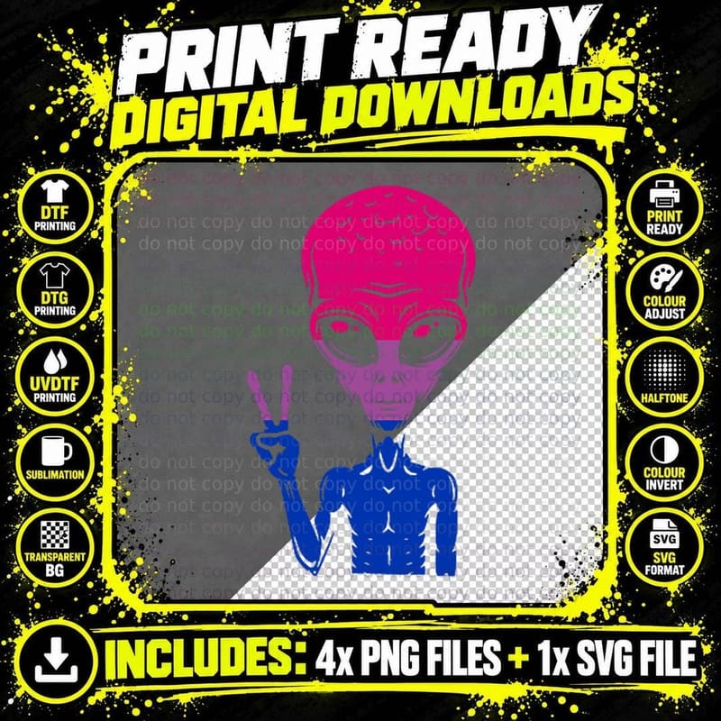 Rainbow Alien Peace Sign Bisexual LGBT-Q Gay Pride Png SVG Digital Bundle