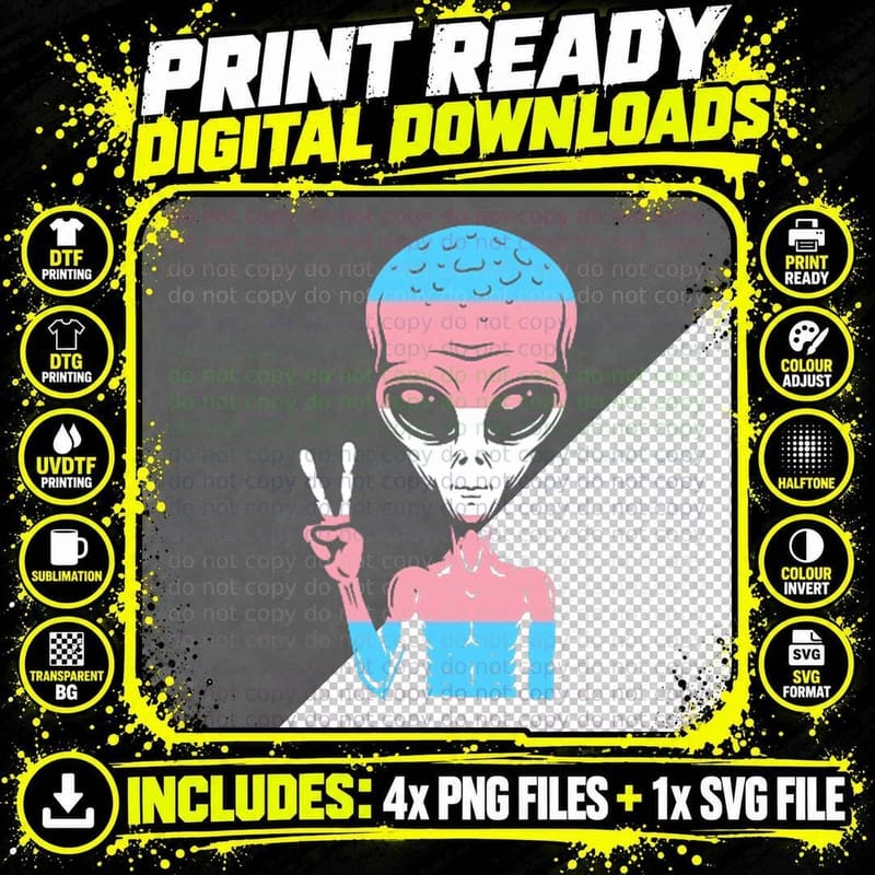 Rainbow Alien Peace Sign Trasngender LGBTQ Gay Pride Png SVG Digital Bundle