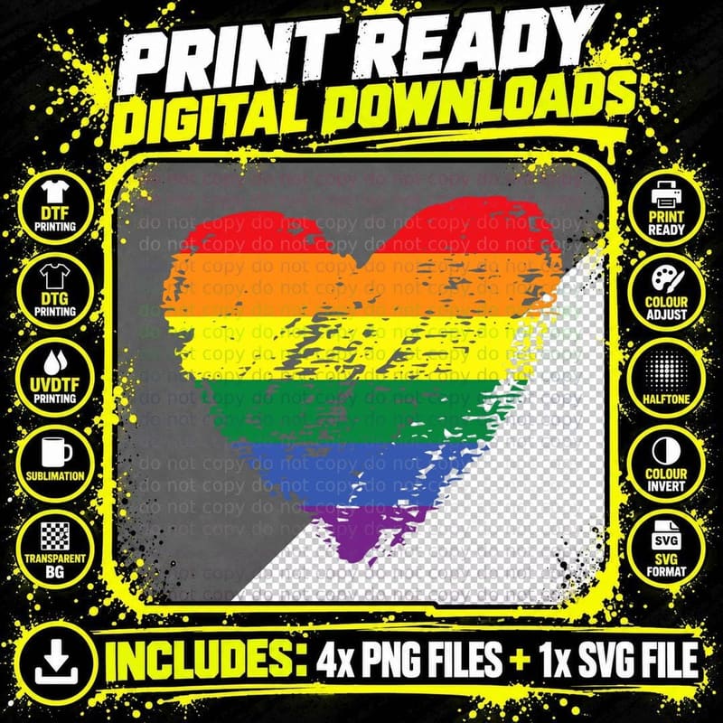 Rainbow Flag Colored Heart LGBTQ+ Lesbian Gay Pride Png SVG Digital Bundle