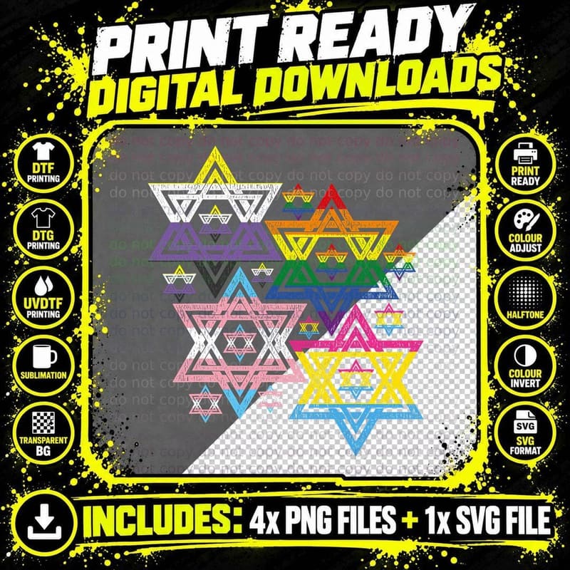 Rainbow Pansexual Trans Non Binary Flag Star of David Png SVG Digital Bundle