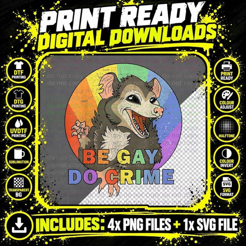 Retro Opossum Be Gay Do Crime Rainbow LGBTQ Pride Gay Png SVG Digital Bundle