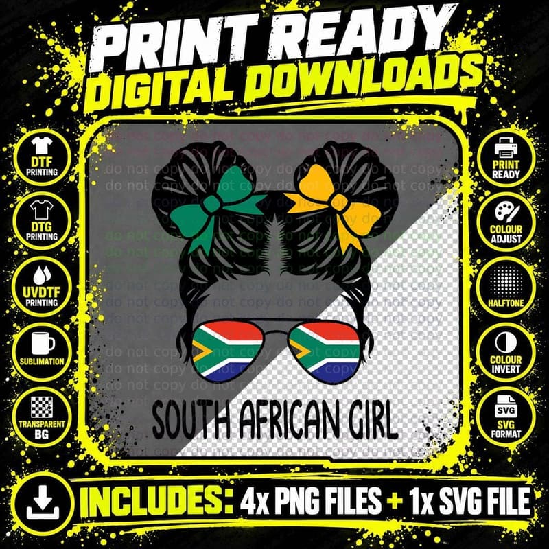 South African Girl Messy Hair South Africa Pride Kids Png SVG Digital Bundle