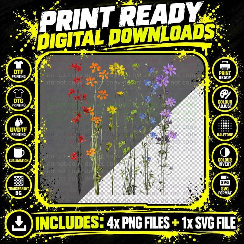Subtle Wildflowers LGBTQ Month Rainbow Flowers Gay Pride Png SVG Digital Bundle