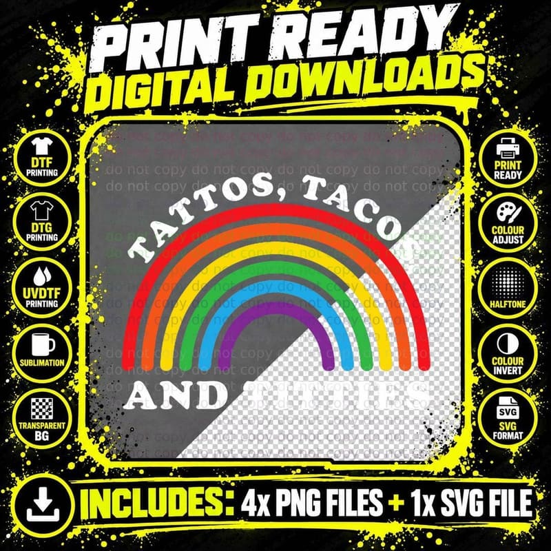 Tattoos Tacos and Titties Funny LGBTQ Gay Pride Rainbow Png SVG Digital Bundle