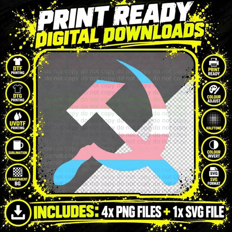 Trans Communist Hammer and Sickle Queer Communism Symbol Png SVG Digital Bundle