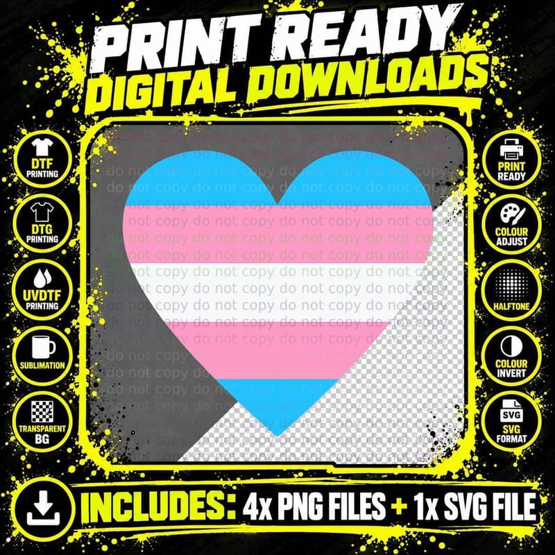 Trans Flag in Heart Shape LGBTQ+ Activist Transgender Png SVG Digital Bundle