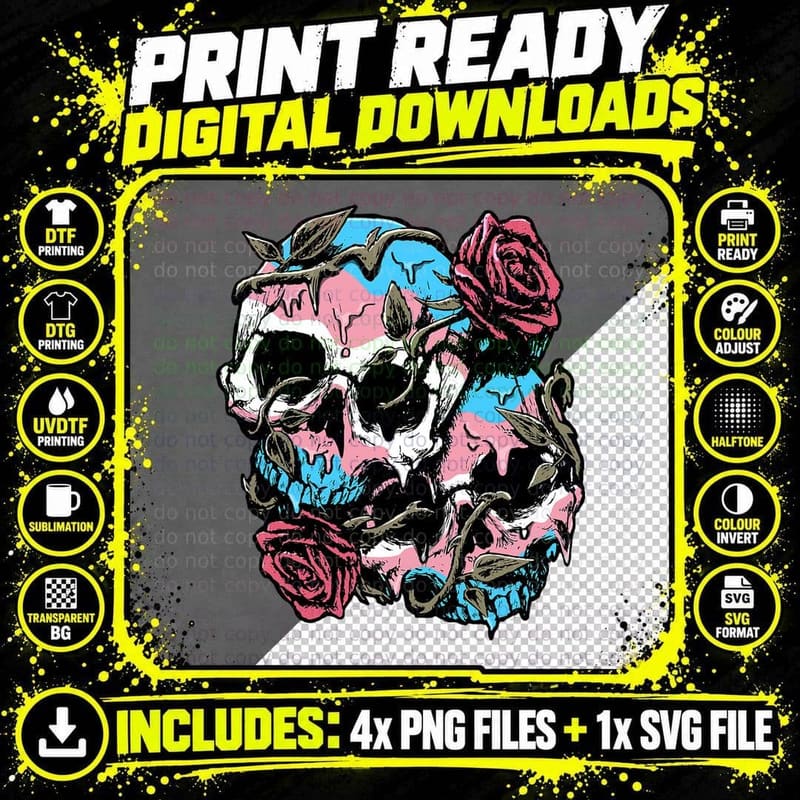 Transgender Pride Trans Flag Skull Roses Subtle LGBTQ Png SVG Digital Bundle