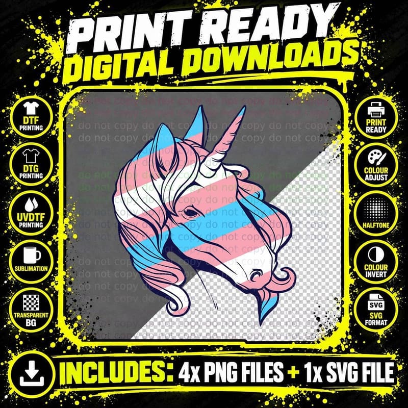 Transgender Trans Pride Unicorn Hair Transsexual Flag Png SVG Digital Bundle