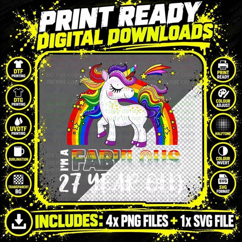 Unicorn Age 27 Year Old Rainbow Gay Pride LGBT Pride Png SVG Digital Bundle