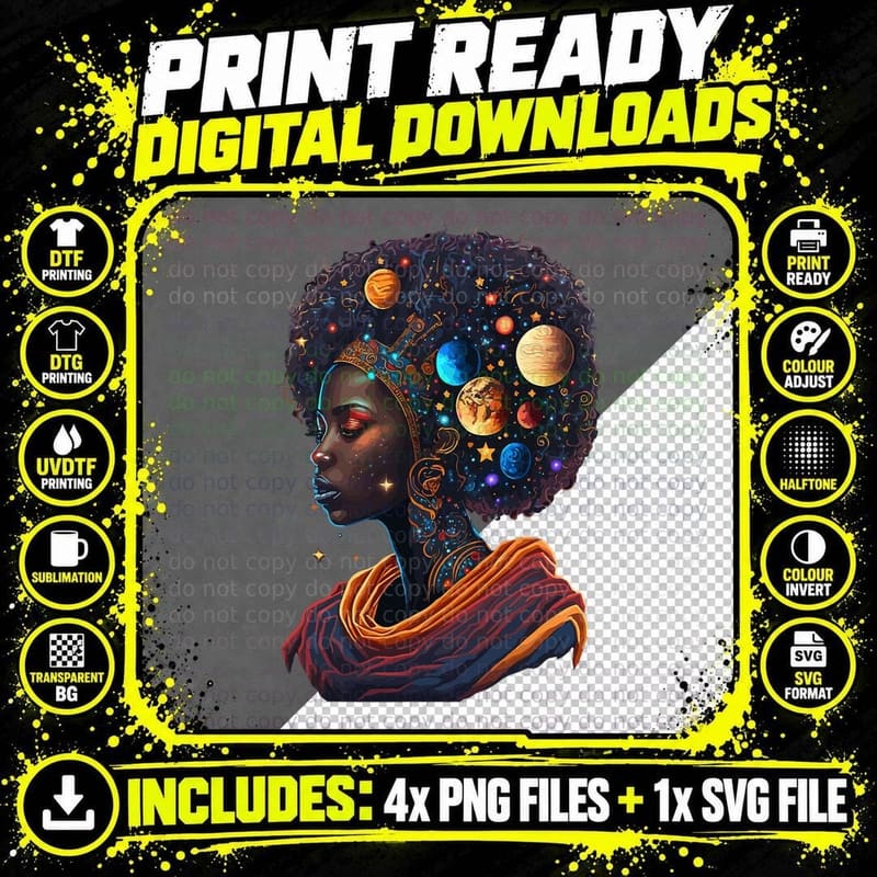 Afro Galactic Beauty Queen - Pride Woman Space Black Png SVG Digital Bundle