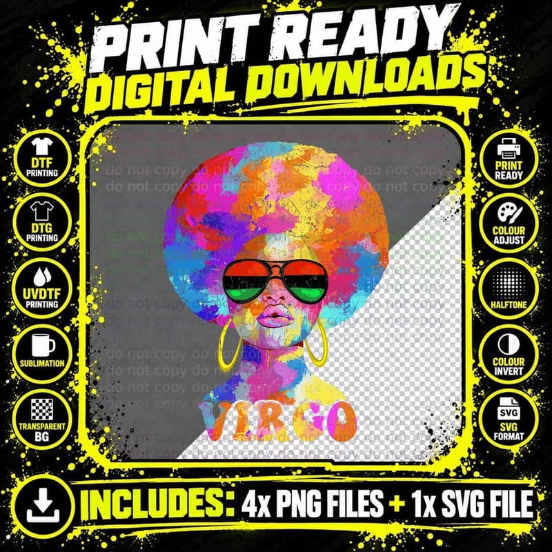 Afro Virgo Queen T-Shirt, Colorful Afro Print Png SVG Digital Bundle