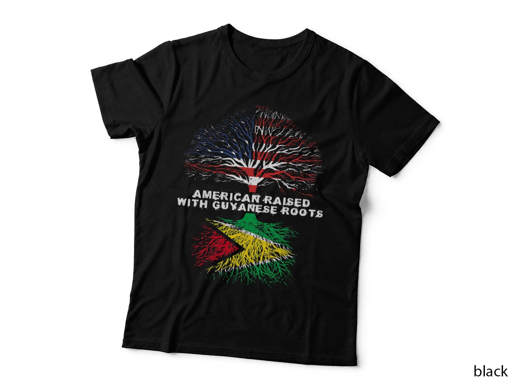 American Raised Guyanese Roots T-Shirt, Dual-Flag Heritage Tree, Pride