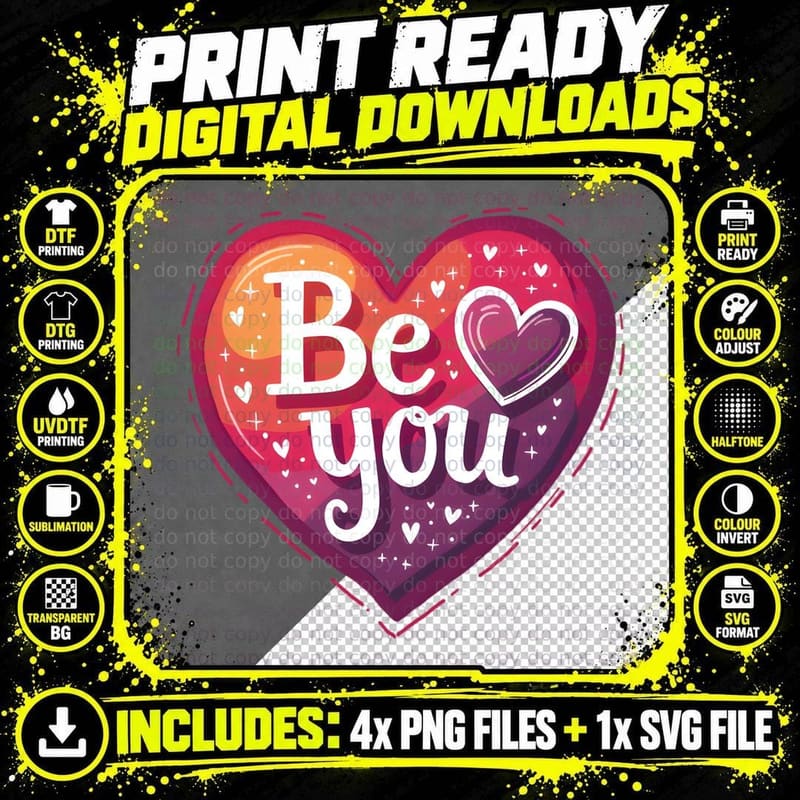 Be You Heart Colourful Motivational Self-Love Png SVG Digital Bundle
