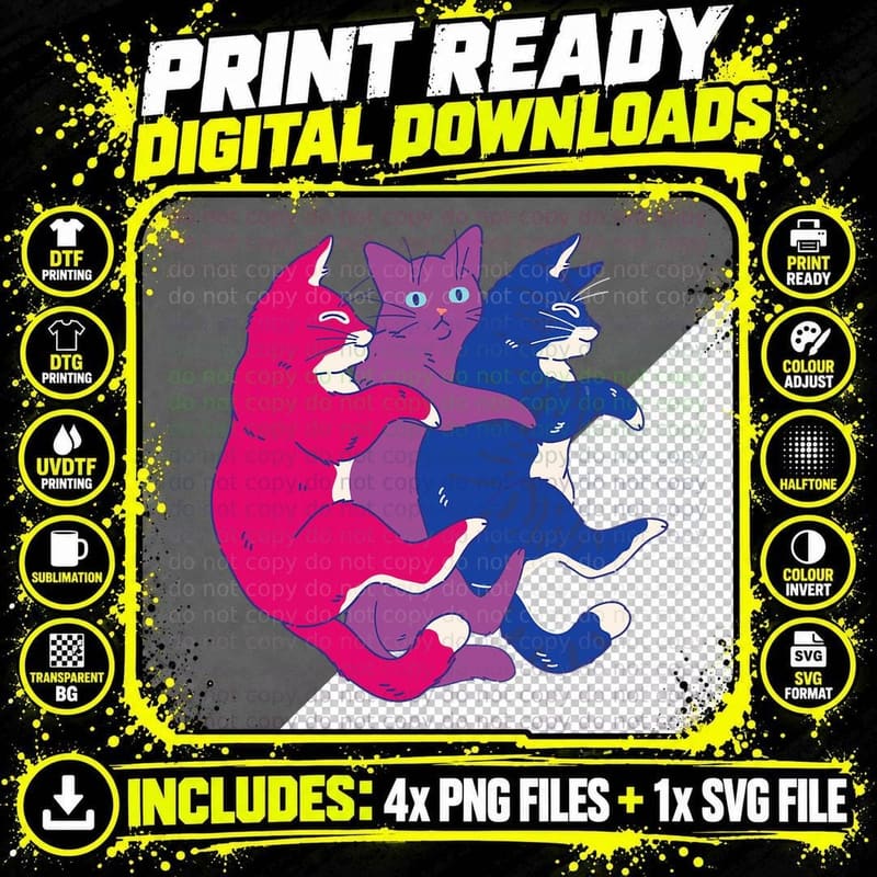 Bisexual Pride Cats T-Shirt, Lgbtq Flag Kitty Hug Pile Png SVG Digital Bundle