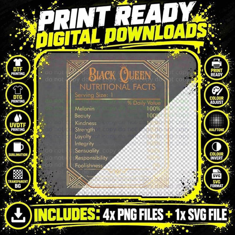 Black Queen Nutrition Facts Proud Black History Month Png SVG Digital Bundle