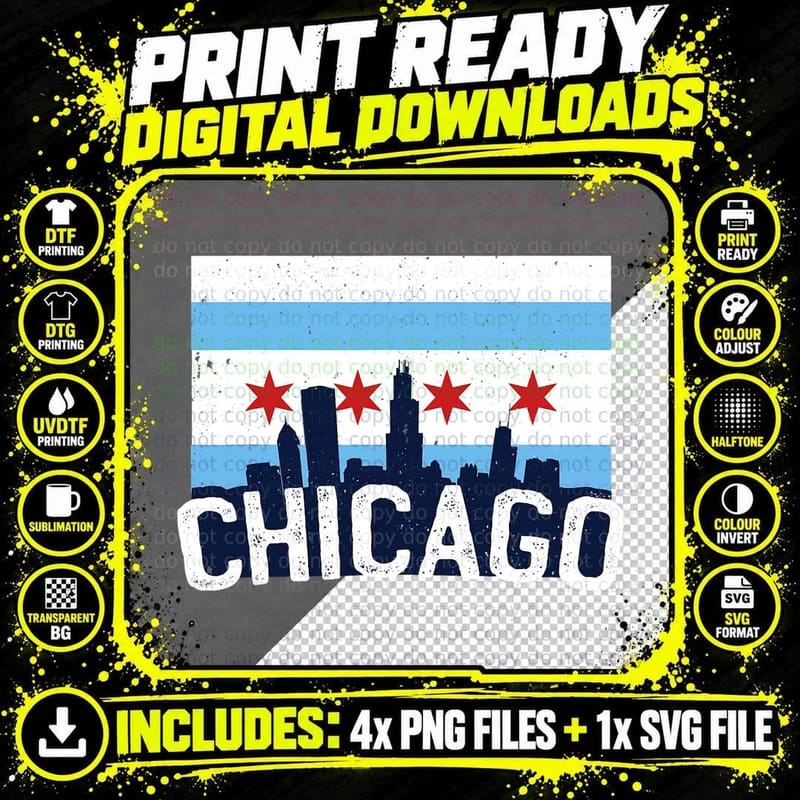 Chicago Illinois Flag City Skyline Chi Town Pride City Png SVG Digital Bundle