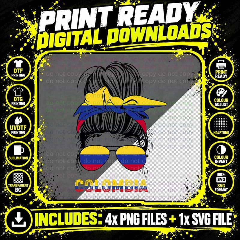 Colombian Girl Messy Bun Pride Patriotic Colombia Flag Png SVG Digital Bundle
