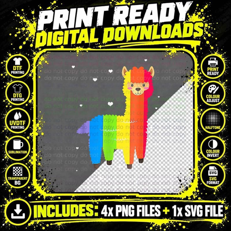 Cute Llama Rainbow LGBT LGBTQ Gay Lesbian Trans Pride Png SVG Digital Bundle