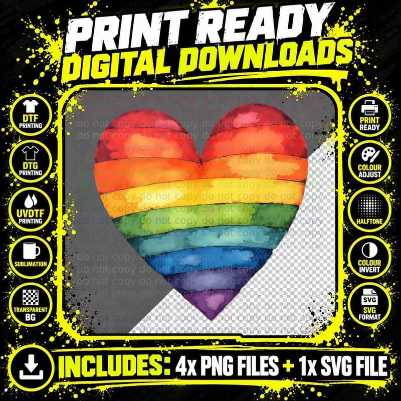 Dreamy Rainbow Heart Watercolor Design Velvety Pride Png SVG Digital Bundle