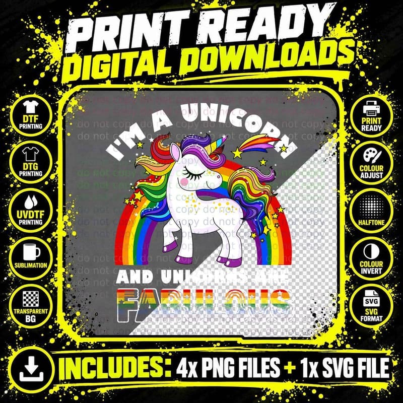 Fabulous Unicorn T-Shirt, Rainbow Pride Design Png SVG Digital Bundle