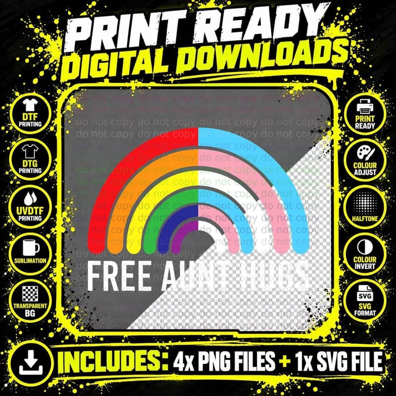 Free Aunt Hugs Rainbow Transgender Flag LGBTQ Gay Pride Png SVG Digital Bundle