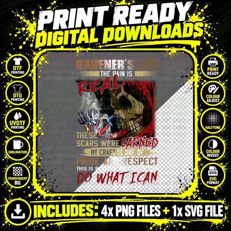 Gardener's Life Real Scars Earned T-Shirt, Gothic Skull Png SVG Digital Bundle