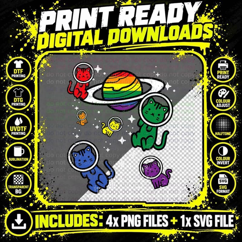 Gay Cats in Space Rainbow Pride Month Lgbtq Ally Women Png SVG Digital Bundle