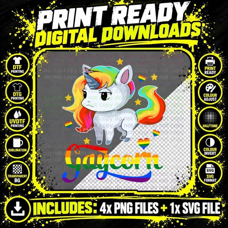 Gaycorn LGBT Pride T-Shirt, Rainbow Unicorn Design Png SVG Digital Bundle