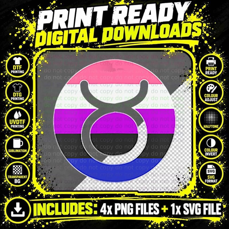 Genderfluid Pride Flag Taurus Horoscope Zodiac Png SVG Digital Bundle