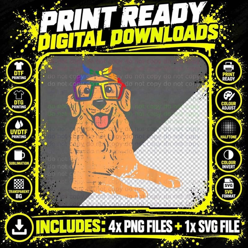 Golden Retriever Bandana LGBTQ Rainbow Flag Gay Pride Png SVG Digital Bundle