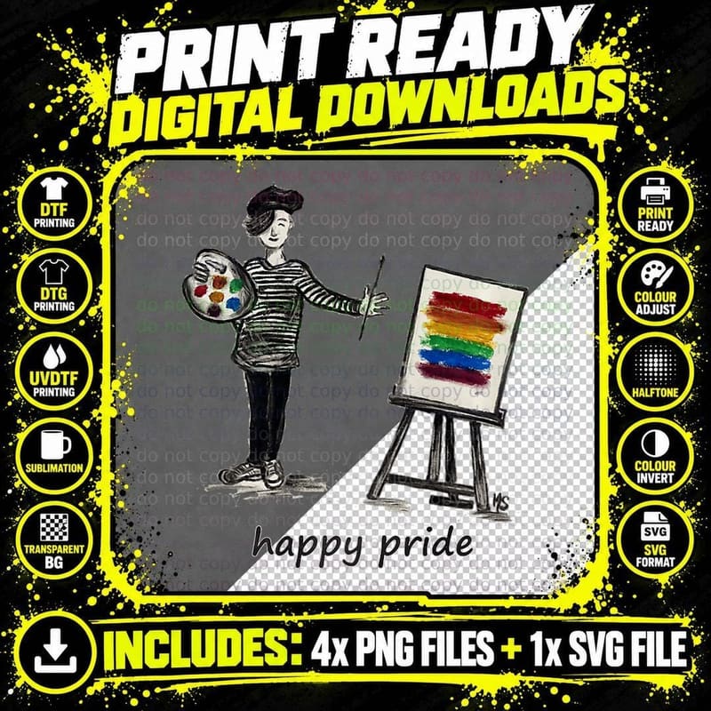 Happy Pride LGBTQ Rainbow Painting Androgynous Quirky Png SVG Digital Bundle